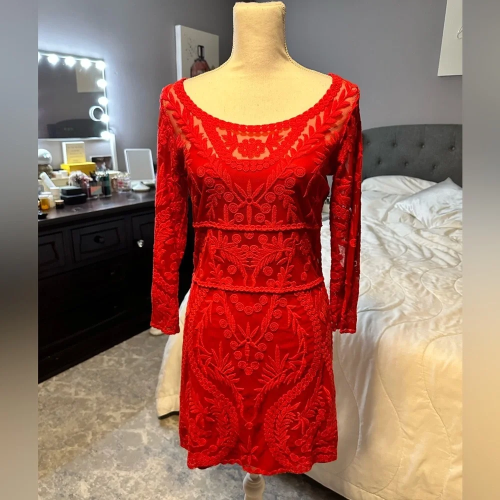 knee length dresses for ladies Airabella Long Sleeve Lace Mini Dress | Red | Womens